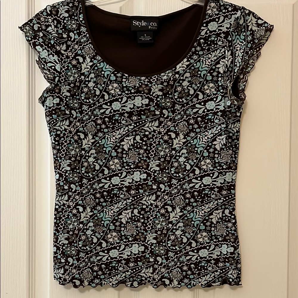 Style & Co. Women's Brown and Blue Patterned Top